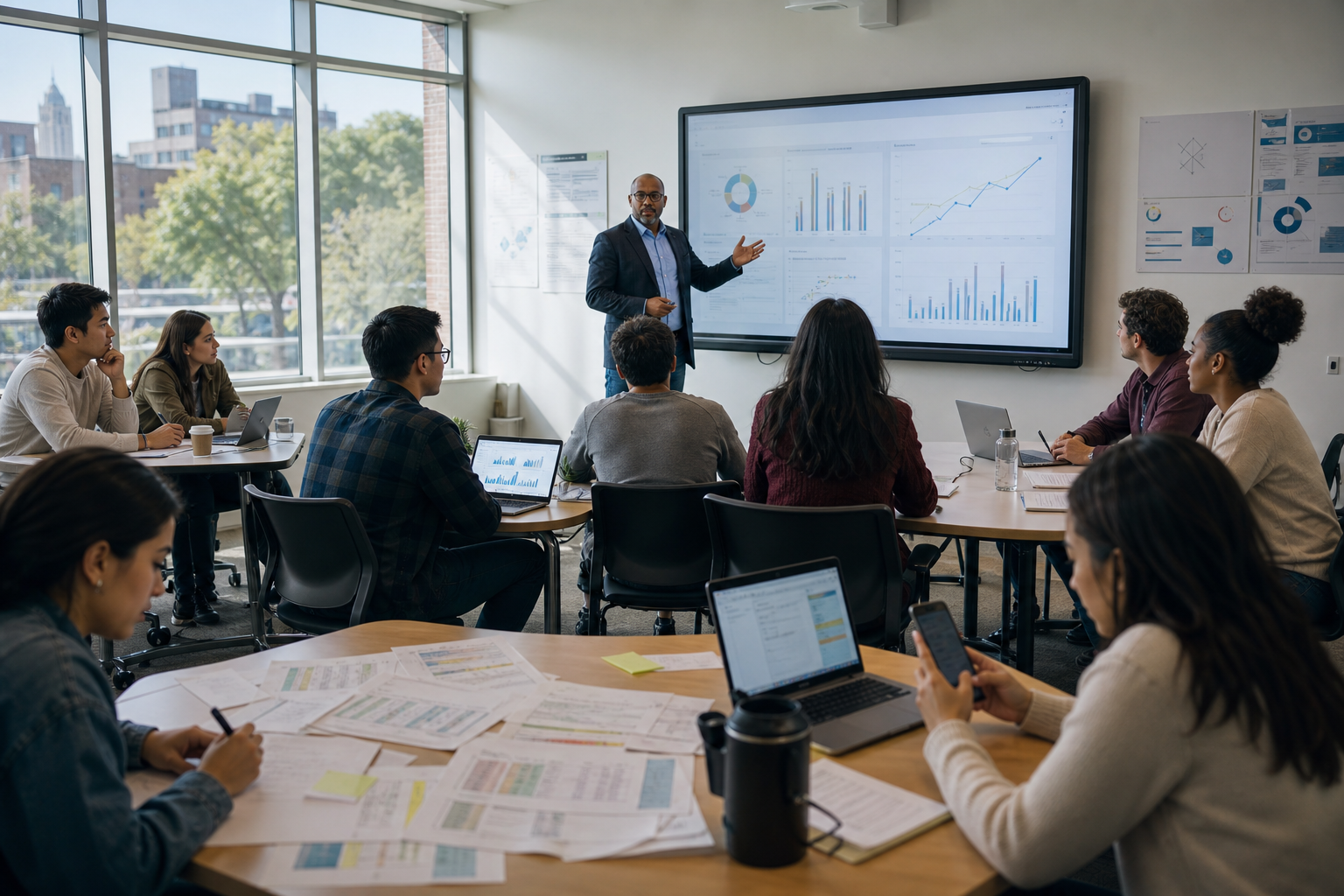 Modern University Classroom with Digital Board and Students