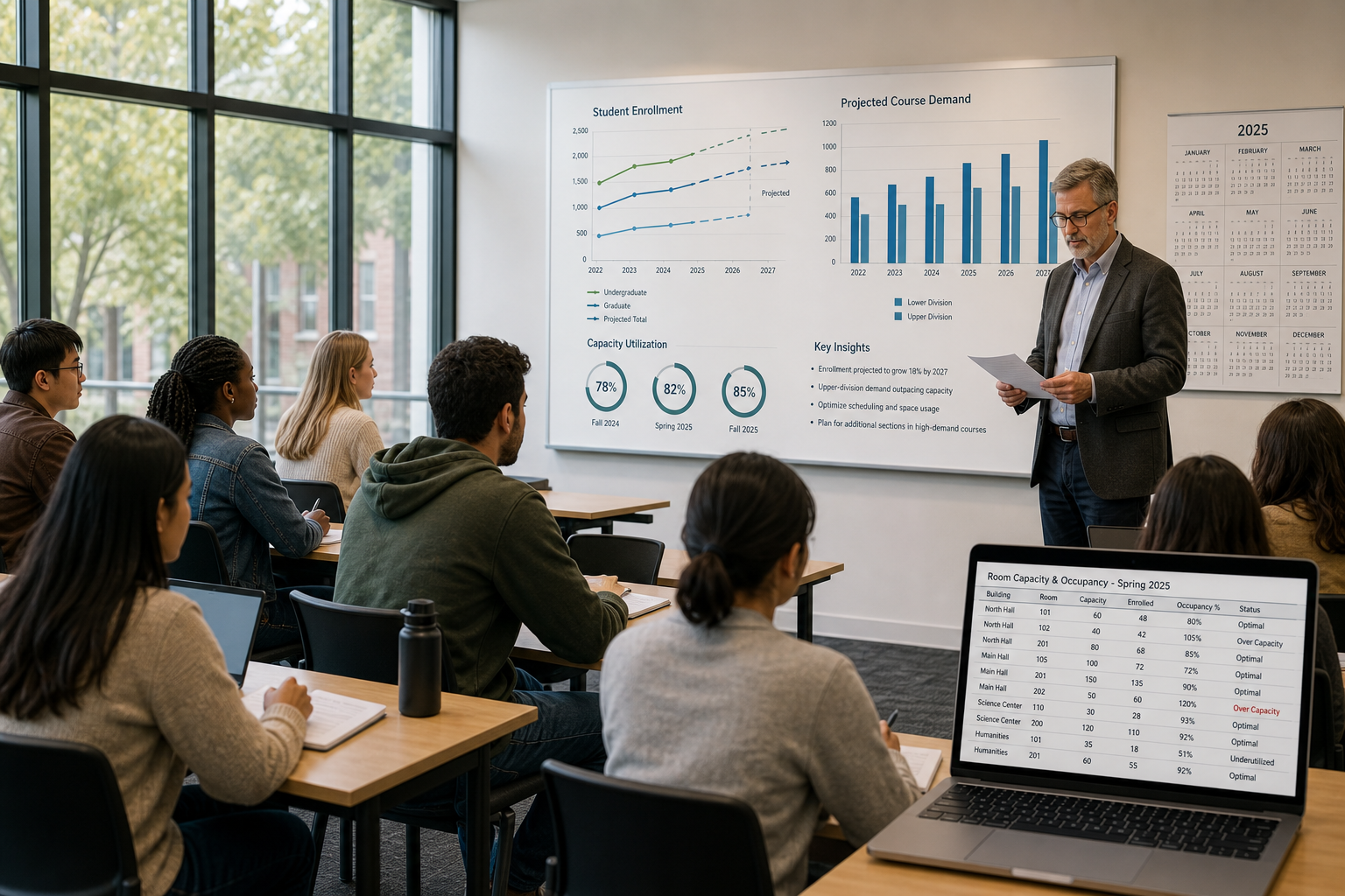 Modern University Classroom with Natural Light and Student Data Analysis