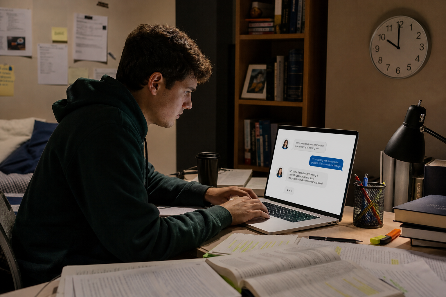 Student Studying at Late Night Desk with Chatbot Avatar