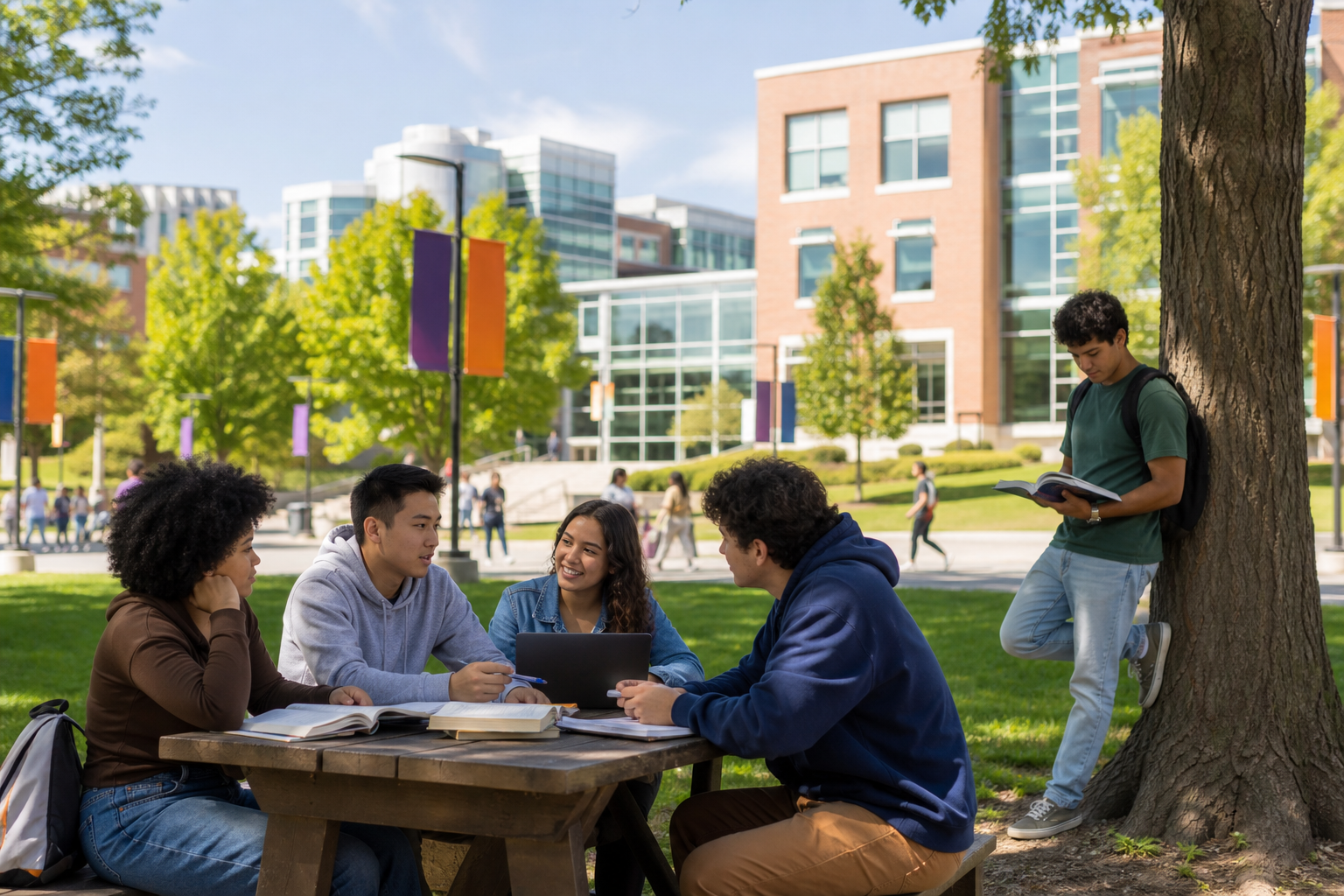 Vibrant College Campus with Students and Banners