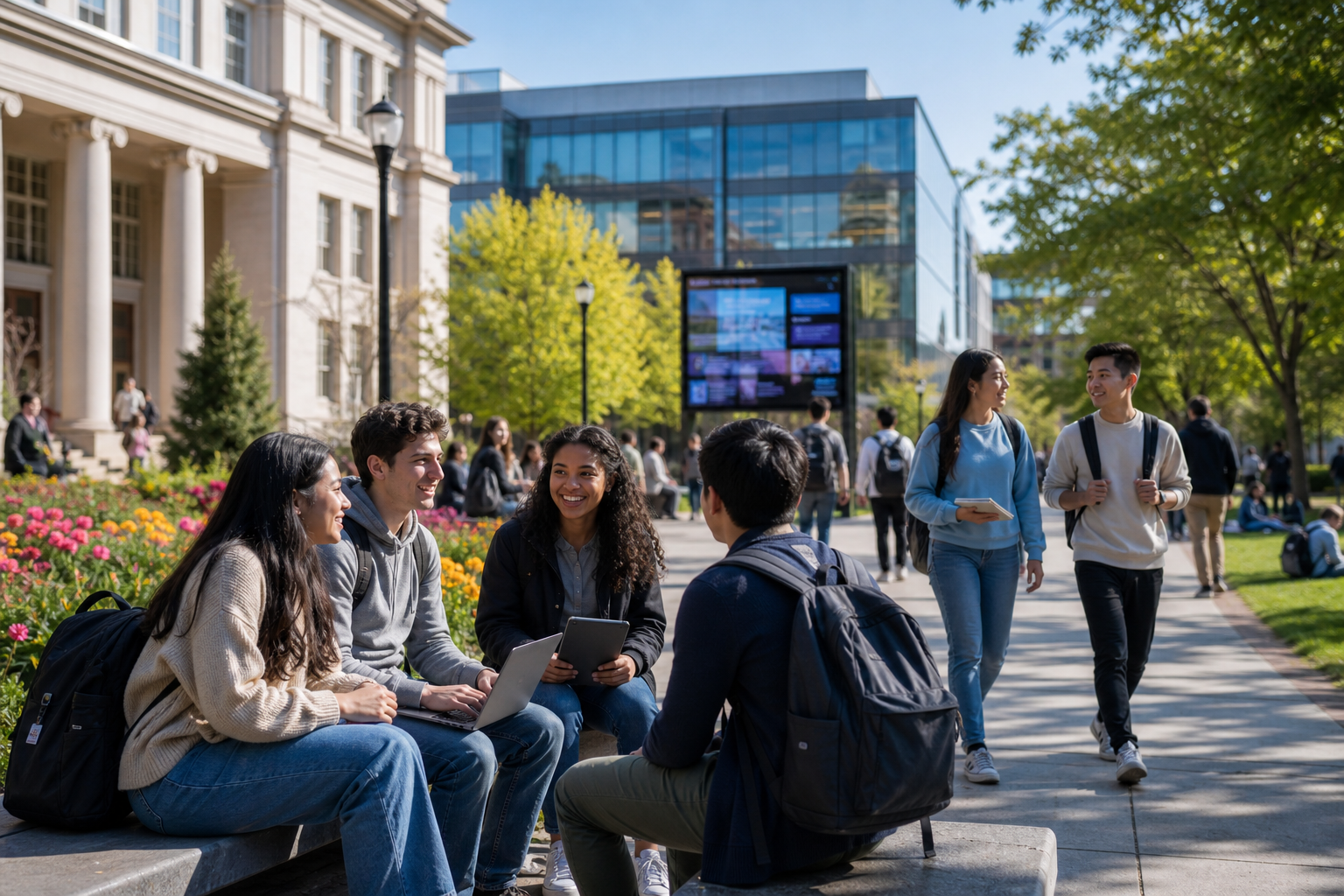 Vibrant University Campus with Diverse Students and Digital Displays