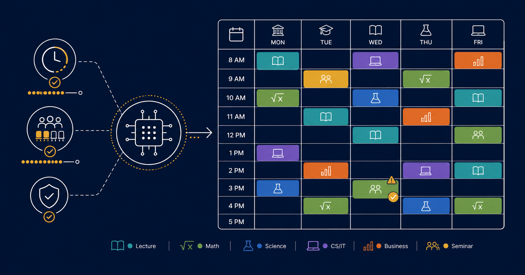 Weekly Academic Schedule Grid with ColorCoded Time Blocks