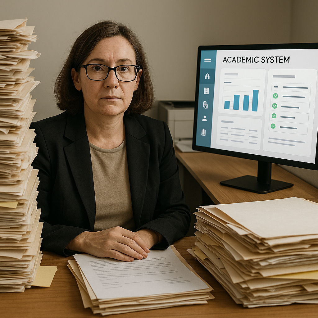 Una secretaria académica rodeada de pilas de docum